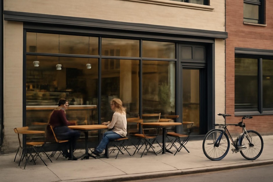 Street-level café with display windows, seating and bicycle rack