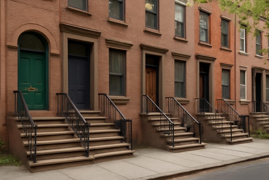 A row of varied doorways and stoops on an urban street